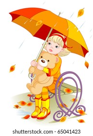 Little girl and Teddy Bear under umbrella