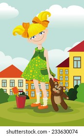 Little girl with a teddy on town background