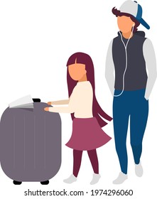 Little girl and teenager with luggage flat color vector faceless characters. Sibling with travel bag waiting for departure isolated cartoon illustration for web graphic design and animation