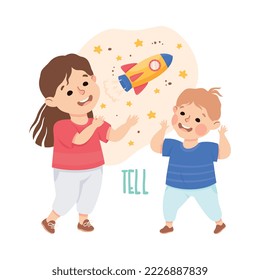 Little Girl Telling Boy About Space Demonstrating Vocabulary and Verb Studying Vector Illustration