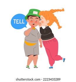 Little Girl Telling Boy Secret Learning English Word Vector Illustration