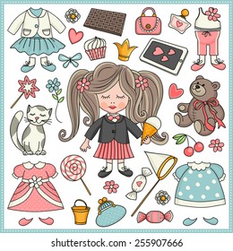 Little girl. Template greeting card or invitation. Accessories for girls.