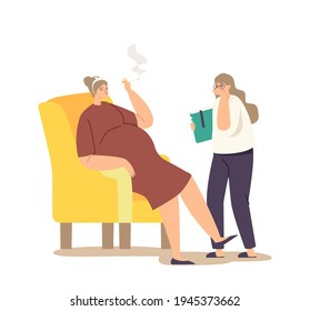 Little Girl with Textbook in Hands Coughing in Room where Mother Smoking Cigarette. Pregnant Female Character Sitting in Armchair Enjoy Tobacco Ignoring Daughter. Cartoon People Vector Illustration