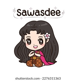 Little Girl in Thai traditional costume, Thai greeting "Sawasdee", Cute Cartoon Style, Thai New Year, Songkran festival, isolate On White Background.