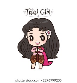 Little Girl in Thai traditional costume, Cute Cartoon Style, Thai New Year, Songkran festival,  isolate On White Background.