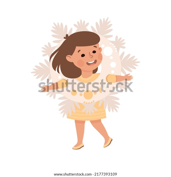 Little Girl in Theater Play Wearing\
Snowflake Costume Performing on Stage Vector\
Illustration