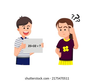 little girl is thinking about the answer to the sum of the numbers given by her friend