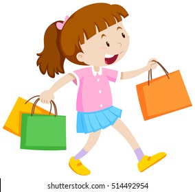 Little girl with three shopping bags illustration