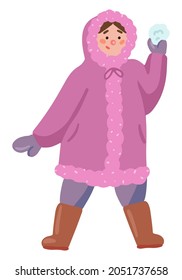 Little girl throwing snowball. Child in winter outerwear playing in outdoor. Flat vector illustration. Colored cartoon clipart isolated on white. Single element for design, decor, print, card, sticker