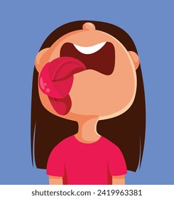 
Little Girl with Tied Tongue Vector Cartoon Illustration. conceptual image of a Child having difficulties to talk 
