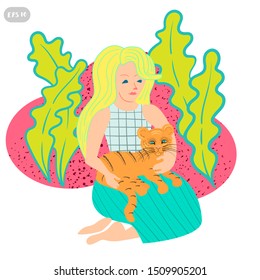 Little girl with a little tiger in her arms. The child takes care of his pet. The girl caresses the pet. Flat vector character.
