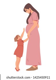 Little girl touches her pregnant mom s belly.