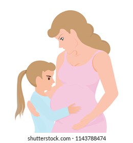 Little girl touching her pregnant mom belly, having fun and feeling baby pushes, Emotional family moments concept vector illustration.