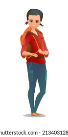 Little girl tourist backpacker. Teen with backpack on his back. Cheerful person. Standing pose. Cartoon comic style flat design. Single character. Illustration isolated on white background. Vector.