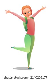 Little girl tourist backpacker. Teen with backpack on his back. Cheerful person. Standing pose. Cartoon comic style flat design. Single character. Illustration isolated on white background. Vector.