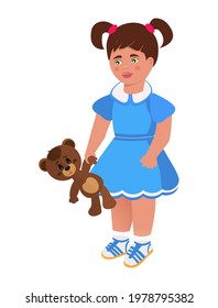 Little girl with a toy bear. Drawing in a flat style. Vector.