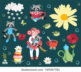 Little girl and toy raccoons on a beautiful vector greeting card.