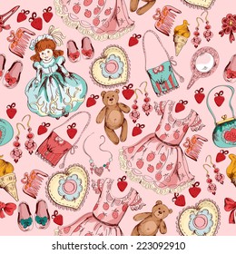 Little girl toys and accessories pink seamless wall paper pattern with bear doll abstract sketch vector illustration