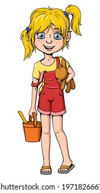 Little Girl with Toys After Playground. Cartoon Character. Vector drawing.