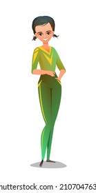 Little girl in tracksuit. Girl got ready for sports activities. Cheerful person. Standing pose. Cartoon comic style flat design. Single character. Illustration isolated on white background. Vector.