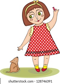 The little girl trains a puppy