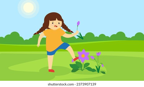 Una niña pisotea flores en el jardín. Ilustración vectorial en estilo plano