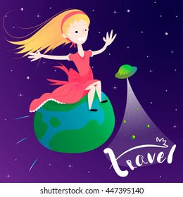 Little girl travel on Earth planet - concept of global flying