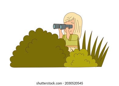 Little Girl Traveler on Safari Tour Sitting in Bush Watching Animal with Binocular Vector Illustration