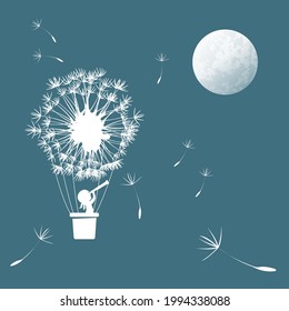 The little girl traveler with a telescope is flying on a hot air balloon created by a dandelion flower. The girl is looking at the moon. Surrealistic vector illustration.