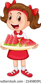 Little girl with tray of watermelon illustration