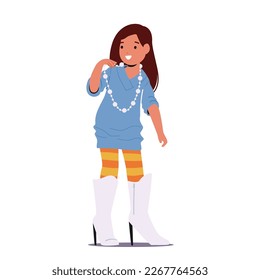 Little Girl Trying On Her Mother Boots on High Heels, Struggling To Walk In Them As She Playfully Imitates Her Mom. Innocence And Curiosity Of Childhood Concept. Cartoon People Vector Illustration