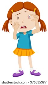 Little girl trying to open her eye wide illustration