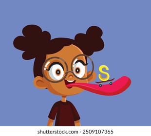 
Little Girl Trying to Pronounce the S Sound Vector Cartoon. Happy child correcting her functional speech disorder
