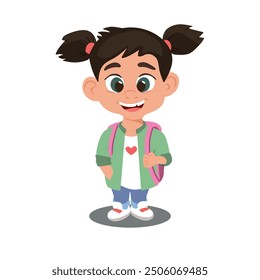 Una niña con dos divertidas coletas vestidas con una chaqueta verde, camiseta blanca, jeans azules y zapatillas blancas, con una mochila púrpura en la espalda. Personaje de Vector colorido de chica alegre