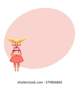 Little girl with two ponytails in pink dress holding strawberry birthday cake in two hands, cartoon vector illustration with place for text.