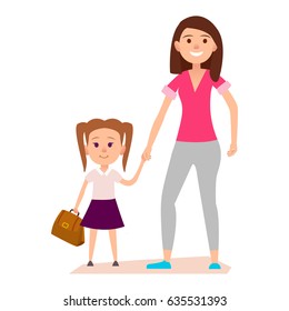 Little girl with two tails hairstyle and brown schoolbag keeps mother's hand. Vector illustration isolated on white background.
