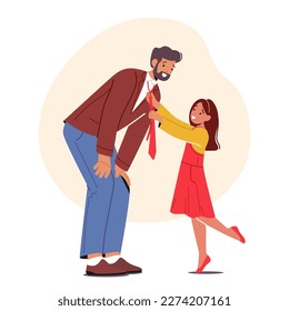 Little Girl Tying A Bow On Her Dad's Shirt Collar. Heartwarming Image Showing Special Moment Between Father And Daughter Family Characters, Love And Affection. Cartoon People Vector Illustration