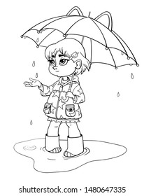 Little girl with umbrella. Coloring book. Cartoon vector illustration.