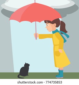 little girl with umbrella covering kitten - cute vector cartoon illustration of mercy