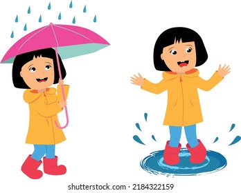 A little girl with an umbrella under raindrops, a child walks outside in a raincoat and boots