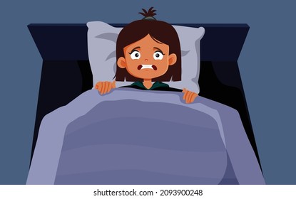 
Little Girl Unable to Sleep Afraid of the Dark Vector Cartoon. Small child feeling fearful scared of sleeping alone having troubles falling asleep
