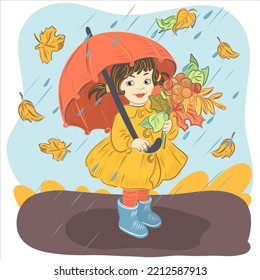 Little girl under umbrella with autumn leaves.