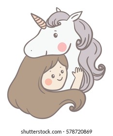 Little girl and unicorn. Beautiful greeting card in vector