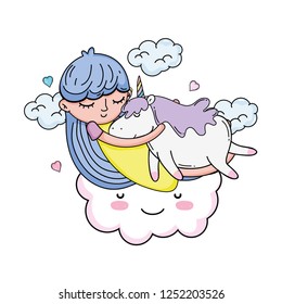 little girl with unicorn and cloud kawaii