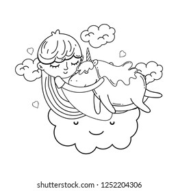 little girl with unicorn and cloud kawaii