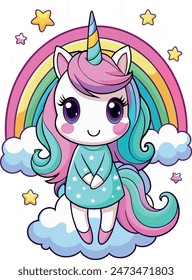 a little girl unicorn with a colorful rainbow background of Vector illustration 