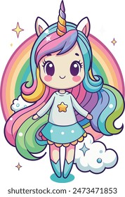 a little girl unicorn with a colorful rainbow background of Vector illustration 