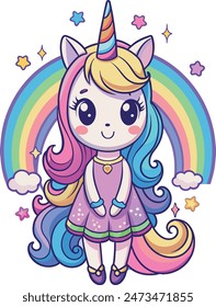 a little girl unicorn with a colorful rainbow background of Vector illustration 