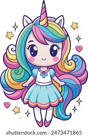 a little girl unicorn with a colorful rainbow background of Vector illustration 