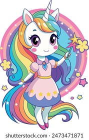 a little girl unicorn with a colorful rainbow background of Vector illustration 